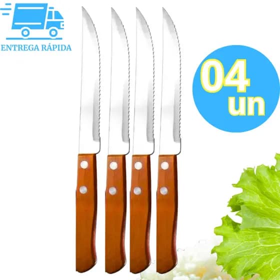 Kit 4 Facas Aço Inox Serra Serrilha Premium Cabo de Madeira Cozinha Mesa para Casas Restaurantes