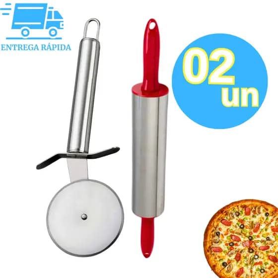 Kit Rolo de Massa Inox Giratório + Cortador de Pizza Fatiador Inox Profissional para Pizzaria