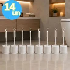 Kit 14 Peças Escova Sanitária com Suporte de Plástico Redondo Branco Limpeza Cerdas Resistente