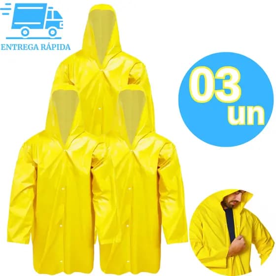 KIT 3 Capa De Chuva Amarela Impermeável Pvc Forrado com Capuz Segurança Proteção EPI Motoqueiro Obra