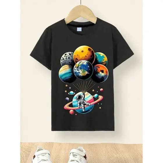 Camiseta Infantil Casual Para Meninos E Adolescentes  De Manga Curta Básica Estampa Astronauta