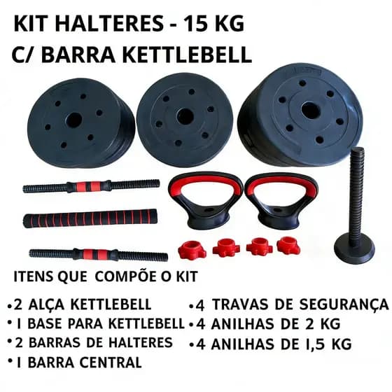 Kit Halteres 6 Em 1 Musculação Até 15kg Ajustável Kettlebell Barra Anilha