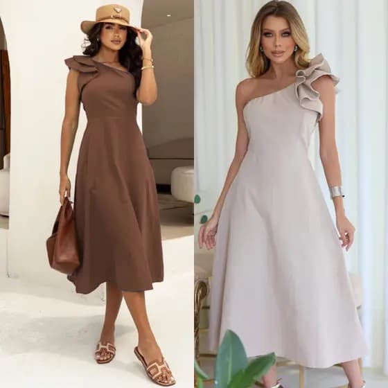 Vestido Feminino Mídi Elegante de um ombro Casual Pronta Entrega Promoção