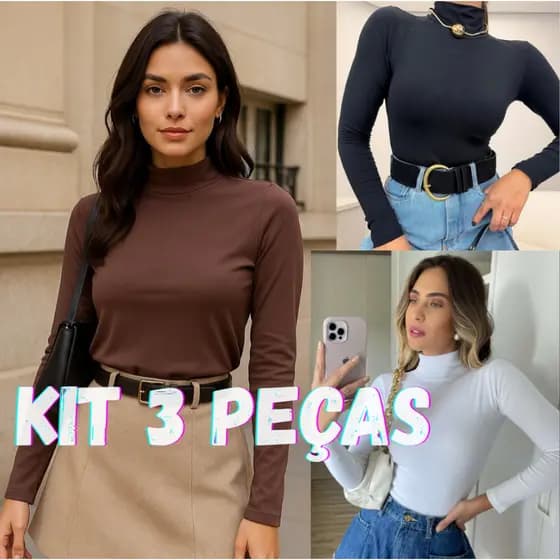 Kit 3 Blusas Feminina Estilosa Gola Alta Manga Longa Segunda Pele Suplex