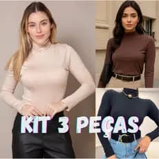 Kit 3 Blusa Feminina Estilosa Gola Alta Manga Longa Segunda pele
