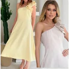 vestido mídi manga babado de um ombro pronta entrega
