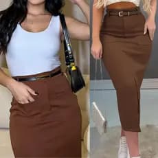 Saia Midi de Alfaiataria Com Cinto Moda feminina Elegante Tecido premium