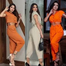 Conjunto Feminino Linhão Blusa Camisa + Calça Cintura Alta com Zíper, Bolsos Laterais e Barra Envio Imediato