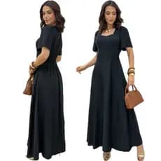 Vestido Longo Feminino Liso  Com Elastex nas Costas / Manga Curta