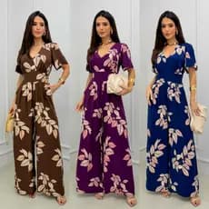 Macacão Feminino Pantalona com manga e Gola V