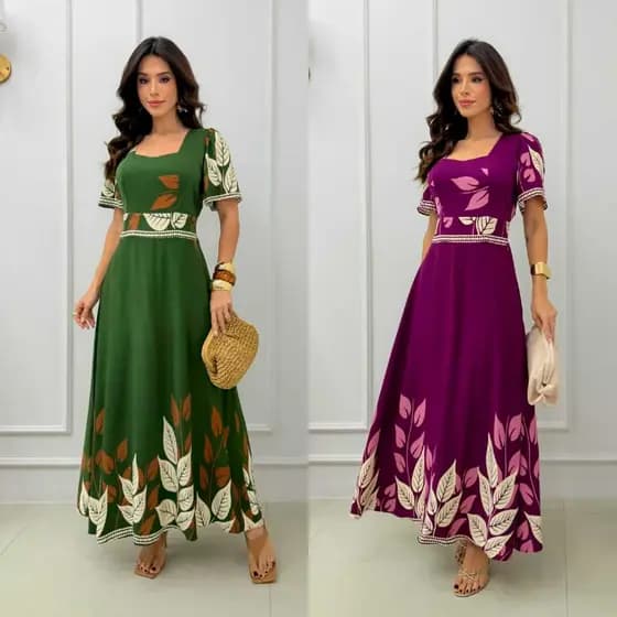 Vestido Longo Feminino  Manga Curta -Tendencia