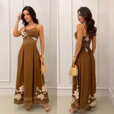 Vestido Longo Viscolinho Estampado com  Bojo e alça regulável