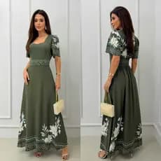 Vestido Feminino longo estampado manga curta tecido viscolinho