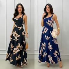 Vestido Feminino Longo Lastex de Alça Grossa Regulavél Tecido Viscolinho