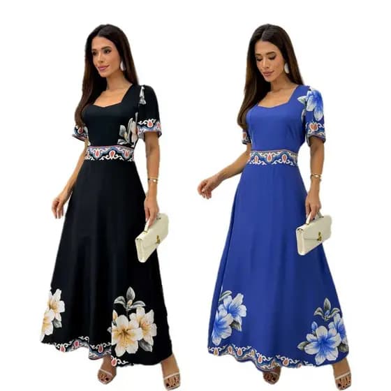 Vestido de Mangas Curtas Feminino Versátil com Cintura Marcada com Decote Quadrado