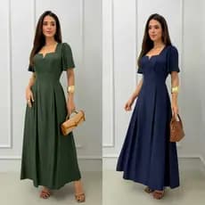 Vestido Longo Manga Curta Acinturado Feminino elegante, confortável e super versátil