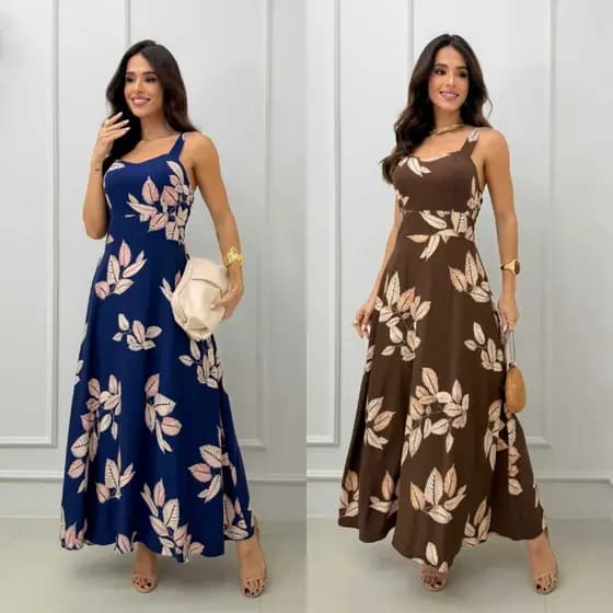 Vestido Feminino longo liso com alças ajustáveis