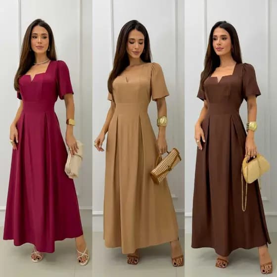 Vestido Longo Feminino Manga Curta Decote V Cinturado com Elastex nas Costas