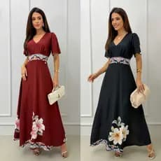 Vestido Longo Estampado Manga Curta Elegante Casual Tecido Leve