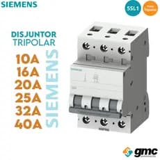 Mini Disjuntor Curva C Tripolar 5SL1 10A, 16A, 20A, 25A, 32A, 40A, 50A, 63A, 80A, - Siemens