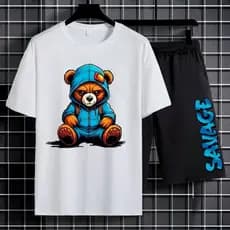 Kit Conjunto Masculino Savage Bear Camiseta + Bermuda Streetwear Estampado 100% Algodão