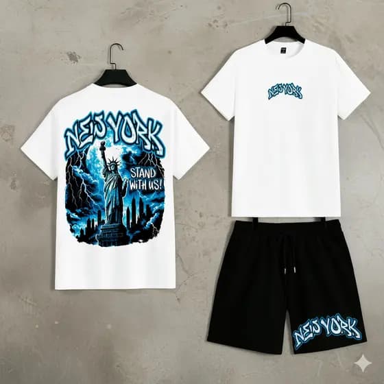 Kit Masculino Camiseta e Bermuda New York Style Conjunto Streetwear Conforto Total