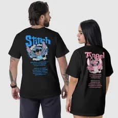Kit 2 Camisetas Casal Stitch e Angel Camisa Algodão 100% Conjunto Presente Casal Look Casual Lilo Stitch