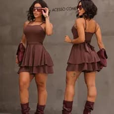 Macaquinho Feminino Rodado Estilo Vestido Alça Fina Cintura Marcada Look Festa Verão Elegante