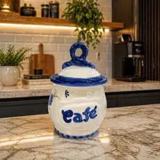 Pote de Café em Cerâmica com Tampa Azul e Branco Porta Café Decorativo Vintage Recipiente para Armazenar Café