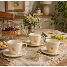 Jogo de Xícaras de Chá em Cerâmica com Pires Kit 3 Peças Estilo Rústico Trigo Elegante Xícara Decorada para Café e Chá