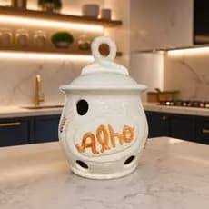 Pote de Alho em Cerâmica Porta Alho Trigo Decorativo com Tampa Organizador de Cozinha Elegante Porta Temperos Rústico
