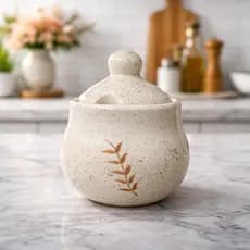 Açucareiro de Cerâmica com Tampa Estilo Rústico Bege | Pote para Açúcar Decorativo Cozinha Café Mesa Posta Linha Trigo