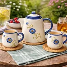 Jogo de Chá Cerâmica Floral Azul e Branco com Bule e Xícaras | Conjunto para Café e Chá | Kit Elegante para Mesa Posta