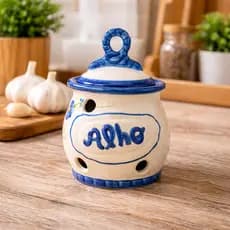 Porta Alho de Cerâmica Decorativo com Tampa – Pote para Alho Artesanal Azul e Branco | Organizador de Cozinha Rústico