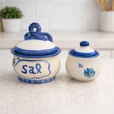 Kit Saleiro e Açucareiro Cerâmica Azul Branco com Tampa – Pote para Sal e Açúcar Decorativo Cozinha Moderna