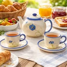 Kit Chá Cerâmica Floral Azul 3 Peças – Bule + Xícaras com Pires | Jogo de Café Elegante, Mesa Posta, Decoração Cozinha