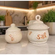 Pote de Sal e Açucareiro Trigo Cerâmica com Tampa Kit Porta Mantimentos Cozinha Decorativo Rústico | Porta Sal e Açúcar