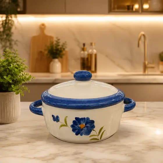 Caçarola Esmaltada com Tampa Floral Azul Panela Decorada de Cerâmica Travessa para Servir Utensílio Cozinha Elegante
