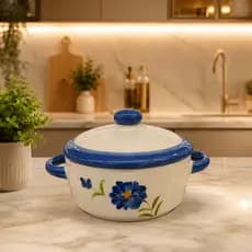 Caçarola Esmaltada com Tampa Floral Azul Panela Decorada de Cerâmica Travessa para Servir Utensílio Cozinha Elegante