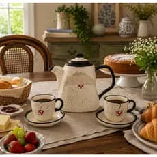 Chaleira Cerâmica com Xícaras Kit Café da Manhã Retrô Vintage Decorativa Elegante para Café e Chá