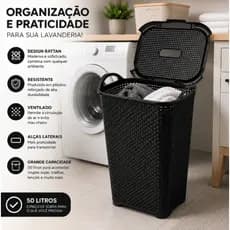Cesto Rattan Grande com Tampa Basculada Preto 50 Litros- Arqplast