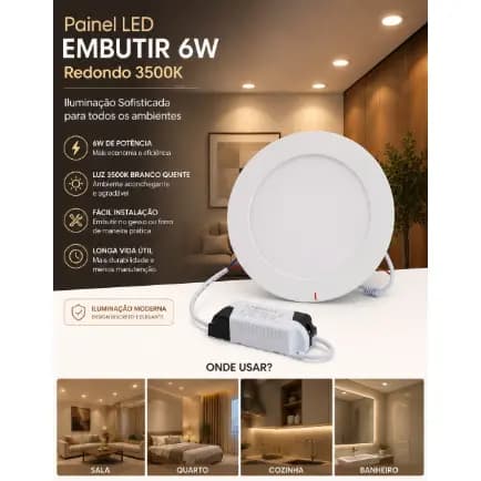 Painel LED Embutir 6W Redondo 3500K Iluminação Sofisticada