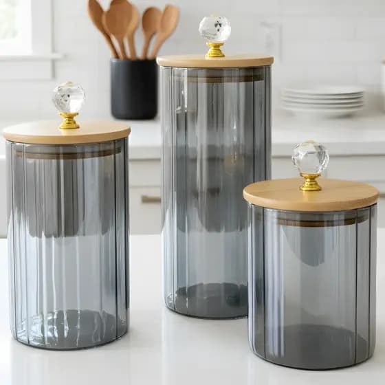 Kit Potes de Cozinha de Vidro Canelado Fumê Herméticos Porta Alimentos Cozinha c/ Tampa de Bambu cristal Porta Temperos