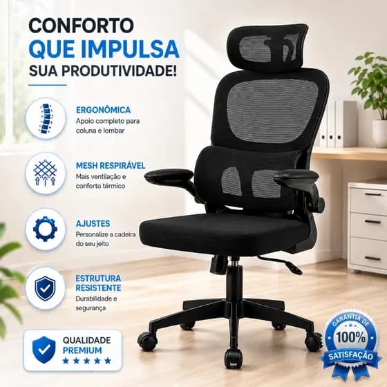 Cadeira de Escritório Ergonômica preta Giratória com Apoio Lombar e Braços Ajustáveis confortavel profissional