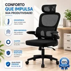 Cadeira de Escritório Ergonômica preta Giratória com Apoio Lombar e Braços Ajustáveis confortavel profissional