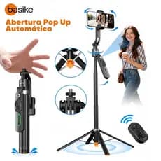 BASIKE Tripé Inteligente 1.8m com Rastreamento Facial AI Estável 360°  Para Celular、Câmera、Vlog E Gopro Abertura Pop-Up