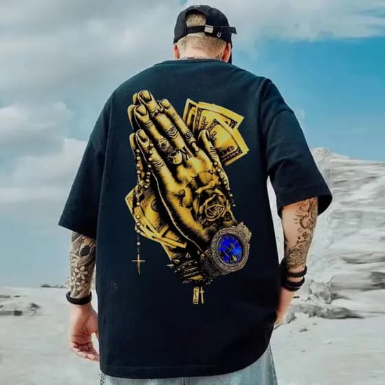 Oversized Masculina Camiseta 100% Algodão Premium Estampa Mão Dinheiro Tempo