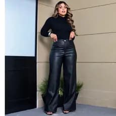 Calça Feminina Pantalona Couro Fake Wide Leg Tendência Luxo Balada Look Casual Chick