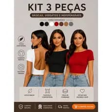 Kit Com 2 Cropped Costa Nua Feminina Ombro a Ombro manga curta Suplex Liso Casual Básic Tecido Duplo