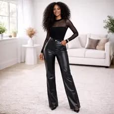 Calça Feminina Pantalona Couro Fake Wid Leg Tendência Corino Cintura Alta